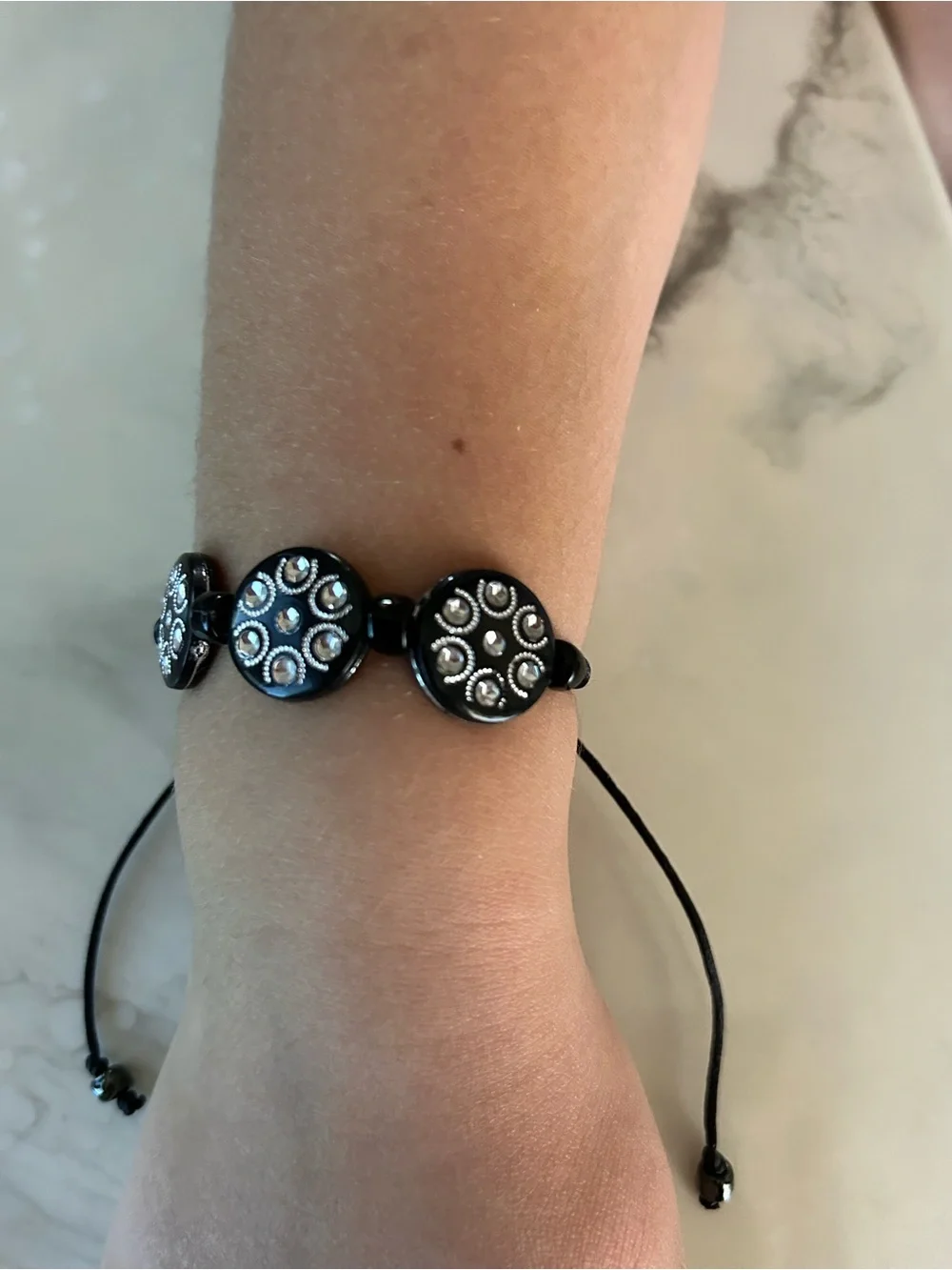Black Beaded Adjustable Bracelet with Silver Accents